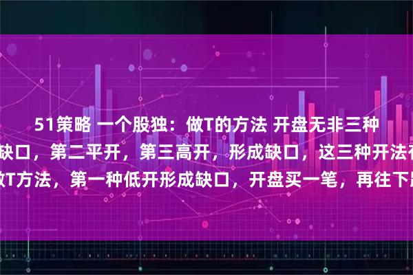 51策略 一个股独：做T的方法 开盘无非三种开法，第一低开，形成缺口，第二平开，第三高开，形成缺口，这三种开法有不同的做T方法，第一种低开形成缺口，开盘买一笔，再往下跌再买一笔，反弹形成收益分批卖出